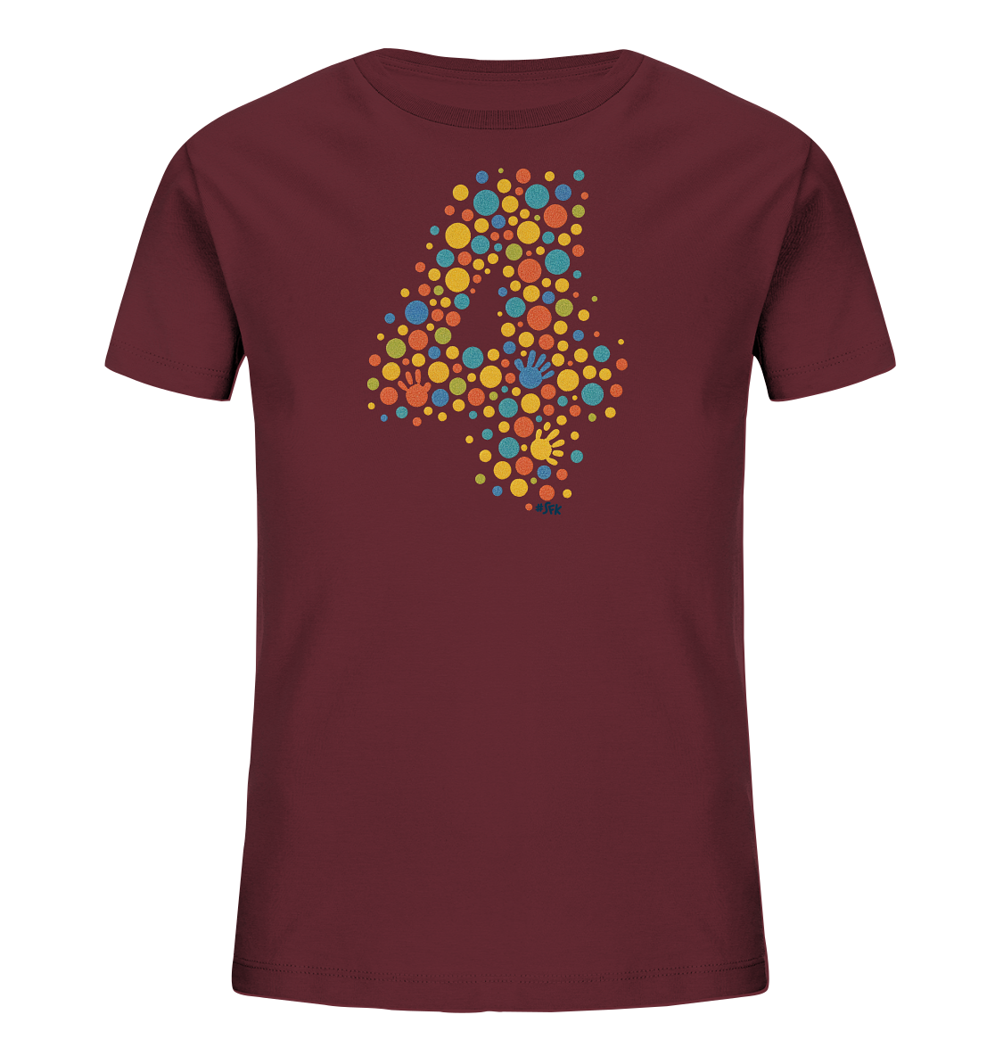 Onlineshop Shirts fuer Kinder - Das T-Shirt ist in einem dunklen Rotbraun gehalten. Auf der Vorderseite prangt eine grosse Zahl Vier, die sich aus vielen bunten Kreisen unterschiedlicher Groessen und Farben zusammensetzt. Das Design beinhaltet auch kleine, farbige Handabdruecke, die in die Zahl integriert sind. Dieses Motiv verleiht dem Shirt einen froehlichen und dynamischen Look.