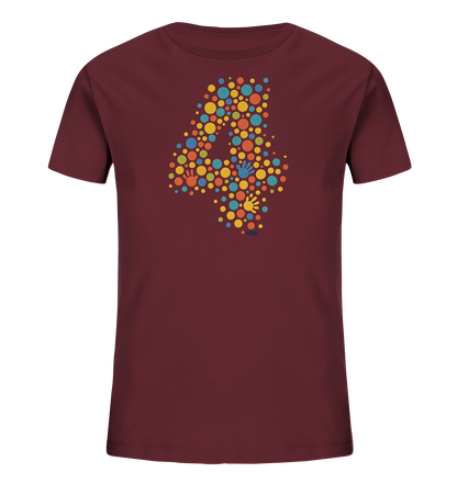 Onlineshop Shirts fuer Kinder - Das T-Shirt ist in einem dunklen Rotbraun gehalten. Auf der Vorderseite prangt eine grosse Zahl Vier, die sich aus vielen bunten Kreisen unterschiedlicher Groessen und Farben zusammensetzt. Das Design beinhaltet auch kleine, farbige Handabdruecke, die in die Zahl integriert sind. Dieses Motiv verleiht dem Shirt einen froehlichen und dynamischen Look.