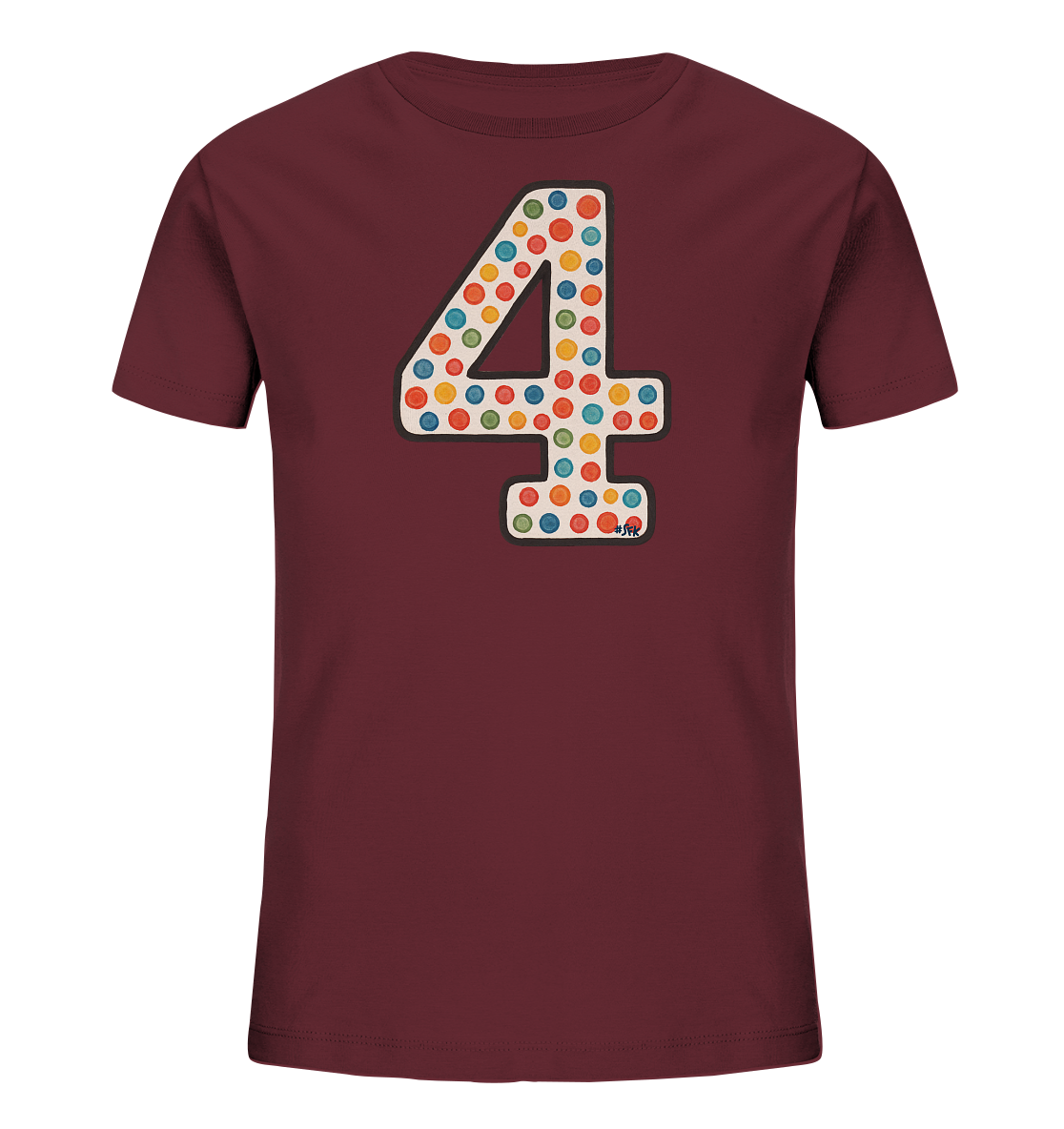 Onlineshop Shirts fuer Kinder - Das Bild zeigt ein dunkelrotes T-Shirt fuer Kinder. Auf der Vorderseite befindet sich eine grosse Zahl '4', die mit einem Muster aus zahlreichen bunten Punkten gefuellt ist. Die Punkte sind in verschiedenen Farben wie Rot, Orange, Gelb, Gruen und Blau gehalten und verleihen dem Motiv eine froehliche Ausstrahlung. Ein schmaler dunkler Rand umgibt die Zahl.