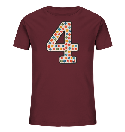 Kinder T-Shirt mit großer Zahl 4, bunten Punkten und dunkler Umrandung