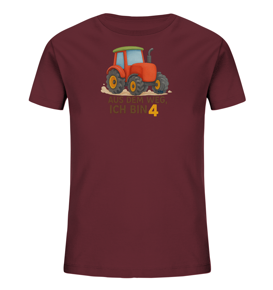 Onlineshop Shirts fuer Kinder - Dieses dunkelrote Kinder-T-Shirt praesentiert eine Illustration eines roten Traktors auf der Vorderseite. Unter dem Traktor ist der Text "AUS DEM WEG, ICH BIN 4" in beige und gelben Farbtoenen platziert. Der Traktor selbst hat gelbe Raeder und ein gruenes Dach. Das gesamte Design wirkt lebendig und kindgerecht gestaltet.