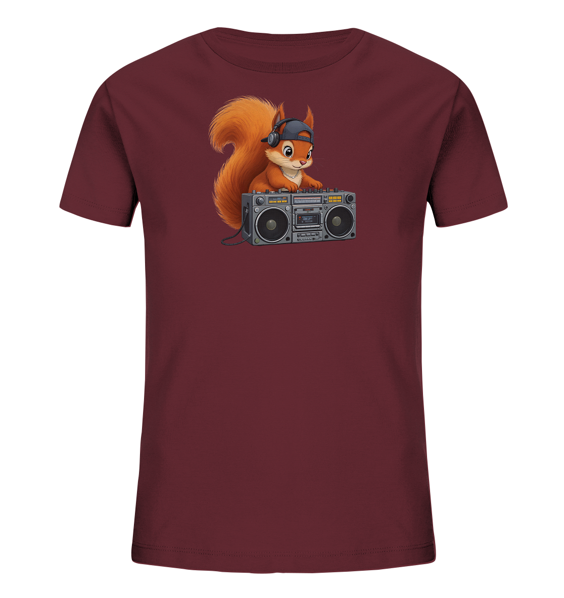 Kinder T-Shirt mit Eichhörnchen-DJ, Kopfhörern, Kappe und Boombox