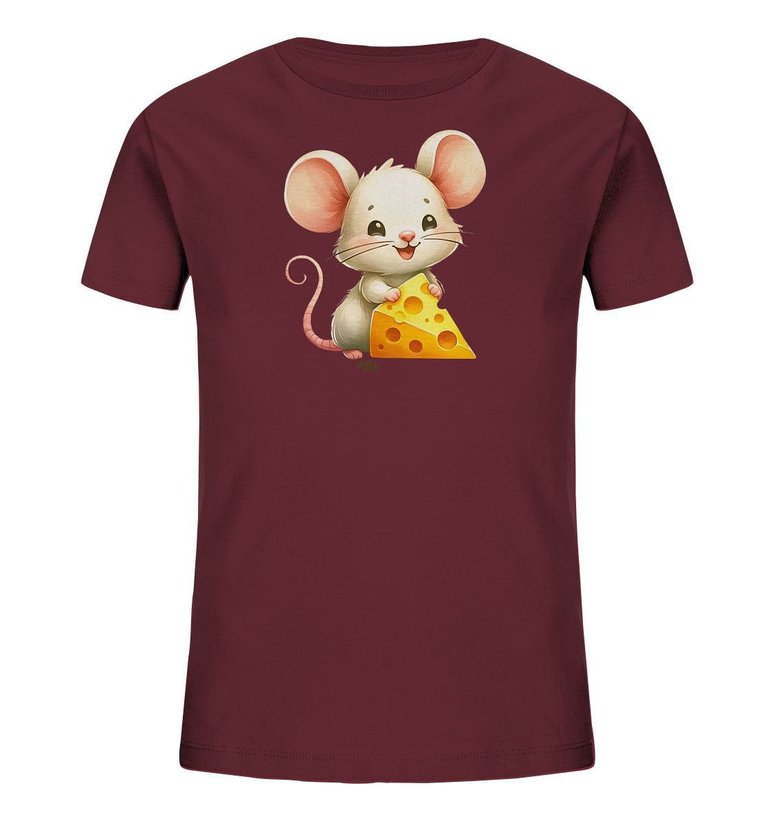 Onlineshop Shirts fuer Kinder - Dieses Bild zeigt ein kinder T-Shirt in einem dunklen Rotton. Auf der Vorderseite ist eine freundlich aussehende, cartoonhafte Maus abgebildet. Die weisse Maus haelt ein dreieckiges Stueck gelben Kaese mit Loechern in ihren Vorderpfoten. Das Design wirkt niedlich und ansprechend.