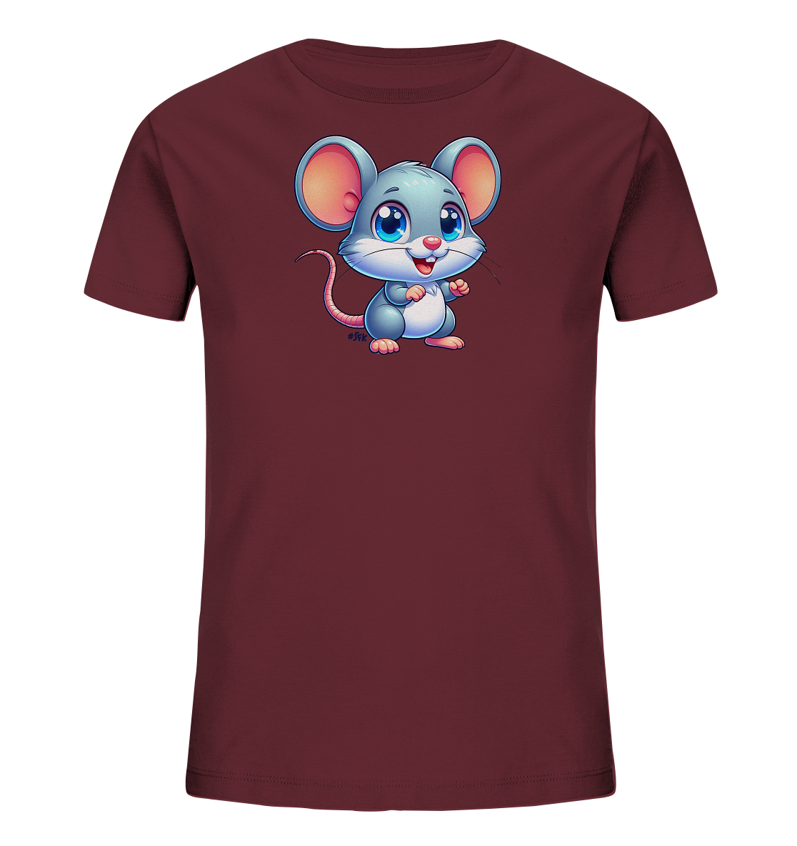 Onlineshop Shirts fuer Kinder - Das Bild zeigt ein burgunderrotes T-Shirt fuer Kinder mit einer suessen Cartoon-Maus Grafik auf der Vorderseite. Die Maus ist grau, hat grosse pinke Ohren und grosse blaue Augen und steht laechelnd in der Mitte des Shirts. Die Illustration ist detailreich und farbenfroh. Das Shirt ist auf einem schwarzen Hintergrund praesentiert.
