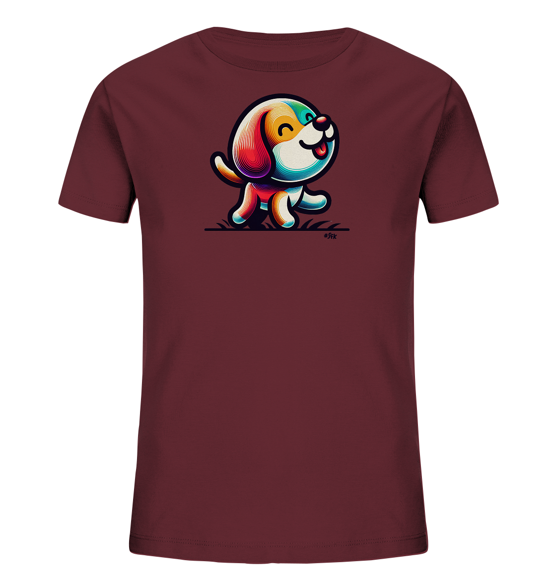Onlineshop Shirts fuer Kinder - Das Bild zeigt ein dunkelrotes T-Shirt fuer Kinder mit einem froehlichen Hundemotiv auf der Vorderseite. Der stilisierte Hund ist in leuchtenden, bunten Farben dargestellt und scheint gerade loszulaufen. Er hat ein freundliches Gesicht und grosse Ohren. Das Design verleiht dem Shirt einen verspielten und farbenfrohen Look.