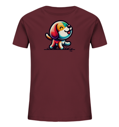 Onlineshop Shirts fuer Kinder - Das Bild zeigt ein dunkelrotes T-Shirt fuer Kinder mit einem froehlichen Hundemotiv auf der Vorderseite. Der stilisierte Hund ist in leuchtenden, bunten Farben dargestellt und scheint gerade loszulaufen. Er hat ein freundliches Gesicht und grosse Ohren. Das Design verleiht dem Shirt einen verspielten und farbenfrohen Look.