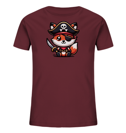 Onlineshop Shirts fuer Kinder - Das Bild zeigt ein bordeauxrotes Kinder-T-Shirt mit einem niedlichen Druck auf der Vorderseite. Der Druck stellt einen cartoonhaften Fuchs dar, der als Pirat verkleidet ist. Der kleine Fuchs traegt einen Piratenhut mit Totenkopf, eine Augenklappe und haelt einen Saebel. Dieses Motiv verleiht dem Shirt einen abenteuerlichen Look.