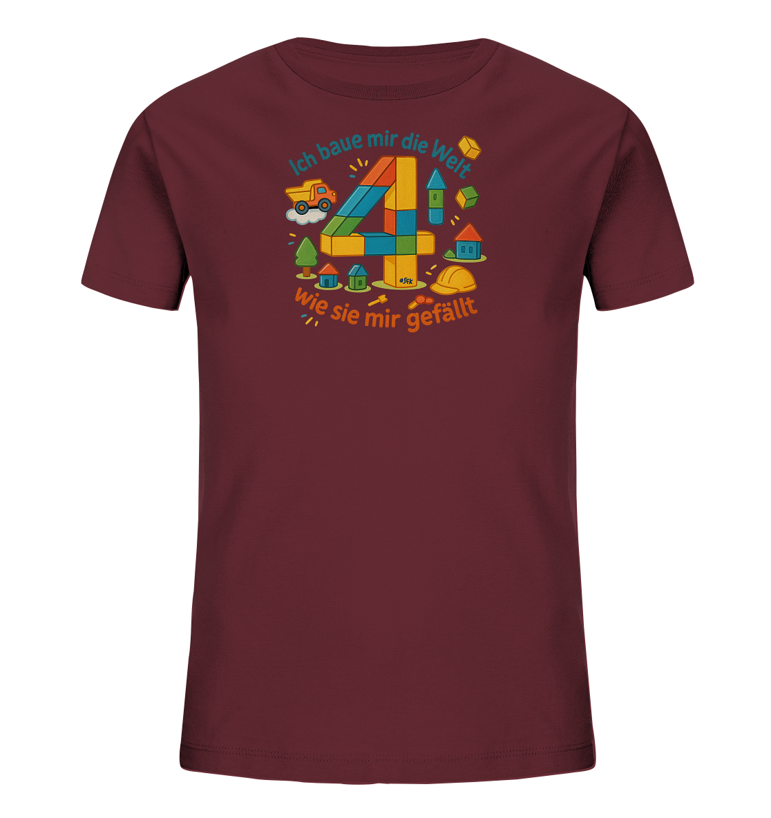 Onlineshop Shirts fuer Kinder - Dieses dunkelrote T-Shirt zeigt eine bunte Illustration mit der grossen Zahl 4, zusammengesetzt aus Bausteinen. Das Motiv enthaelt auch einen Lastwagen, Haeuser und Baeume. Darueber steht der Text "Ich baue mir die Welt" und darunter "wie sie mir gefaellt". Das Design hat ein froehliches Bau-Thema fuer Kinder.