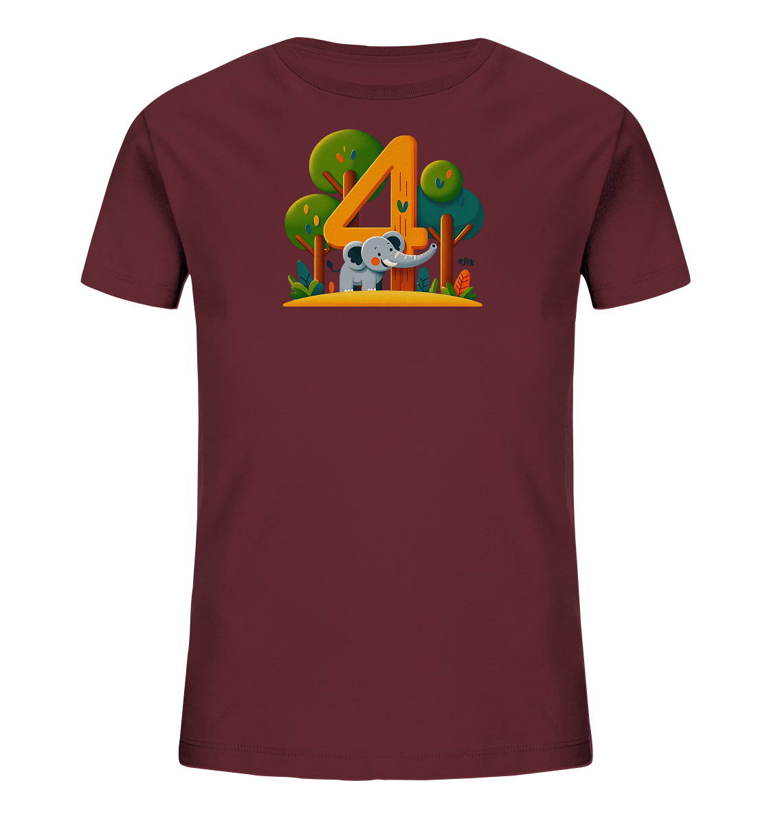 Onlineshop Shirts fuer Kinder - Das Bild zeigt ein dunkelrotes T-Shirt fuer Kinder mit einem charmanten Motiv. Im Zentrum des Aufdrucks steht eine grosse, orangefarbene Zahl '4', umrahmt von einer Waldkulisse mit Baeumen und Pflanzen. Ein freundlicher Elefant steht vor der Zahl. Das Design ist lebendig und detailreich gestaltet.