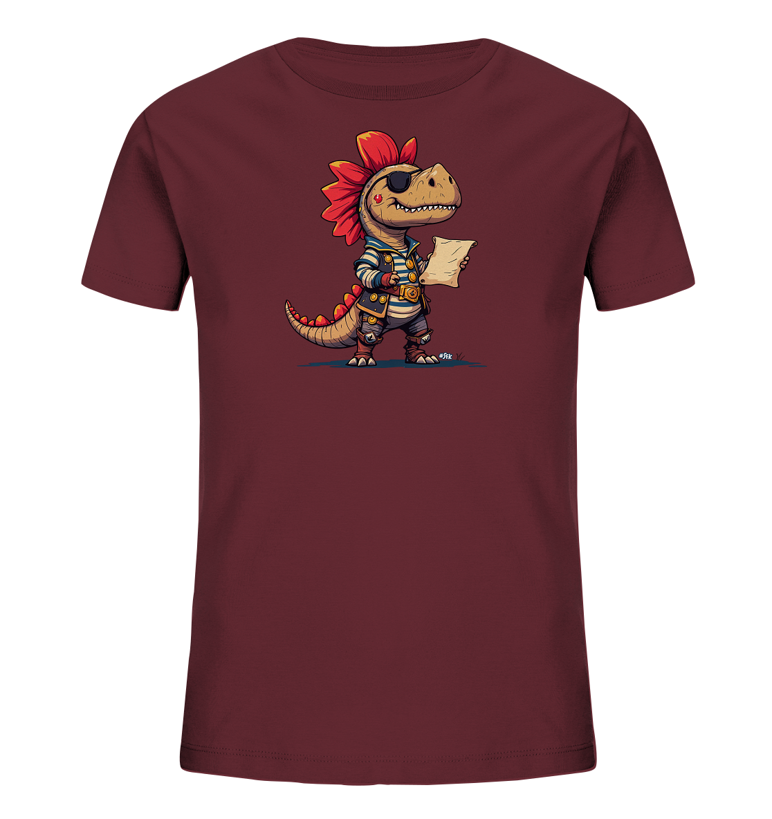 Onlineshop Shirts fuer Kinder - Das Bild zeigt ein dunkelrotes Kinder-T-Shirt mit einem Motiv auf der Vorderseite. Die Illustration zeigt einen cartoonartigen Dinosaurier, der als Pirat verkleidet ist. Er traegt eine Augenklappe, ein gestreiftes Hemd und haelt ein Blatt Papier in seinen Pranken. Dieses lustige Design verleiht dem Shirt ein spannendes Aussehen.