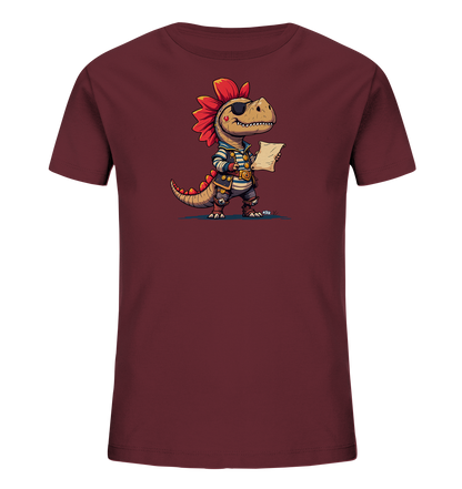 Onlineshop Shirts fuer Kinder - Das Bild zeigt ein dunkelrotes Kinder-T-Shirt mit einem Motiv auf der Vorderseite. Die Illustration zeigt einen cartoonartigen Dinosaurier, der als Pirat verkleidet ist. Er traegt eine Augenklappe, ein gestreiftes Hemd und haelt ein Blatt Papier in seinen Pranken. Dieses lustige Design verleiht dem Shirt ein spannendes Aussehen.