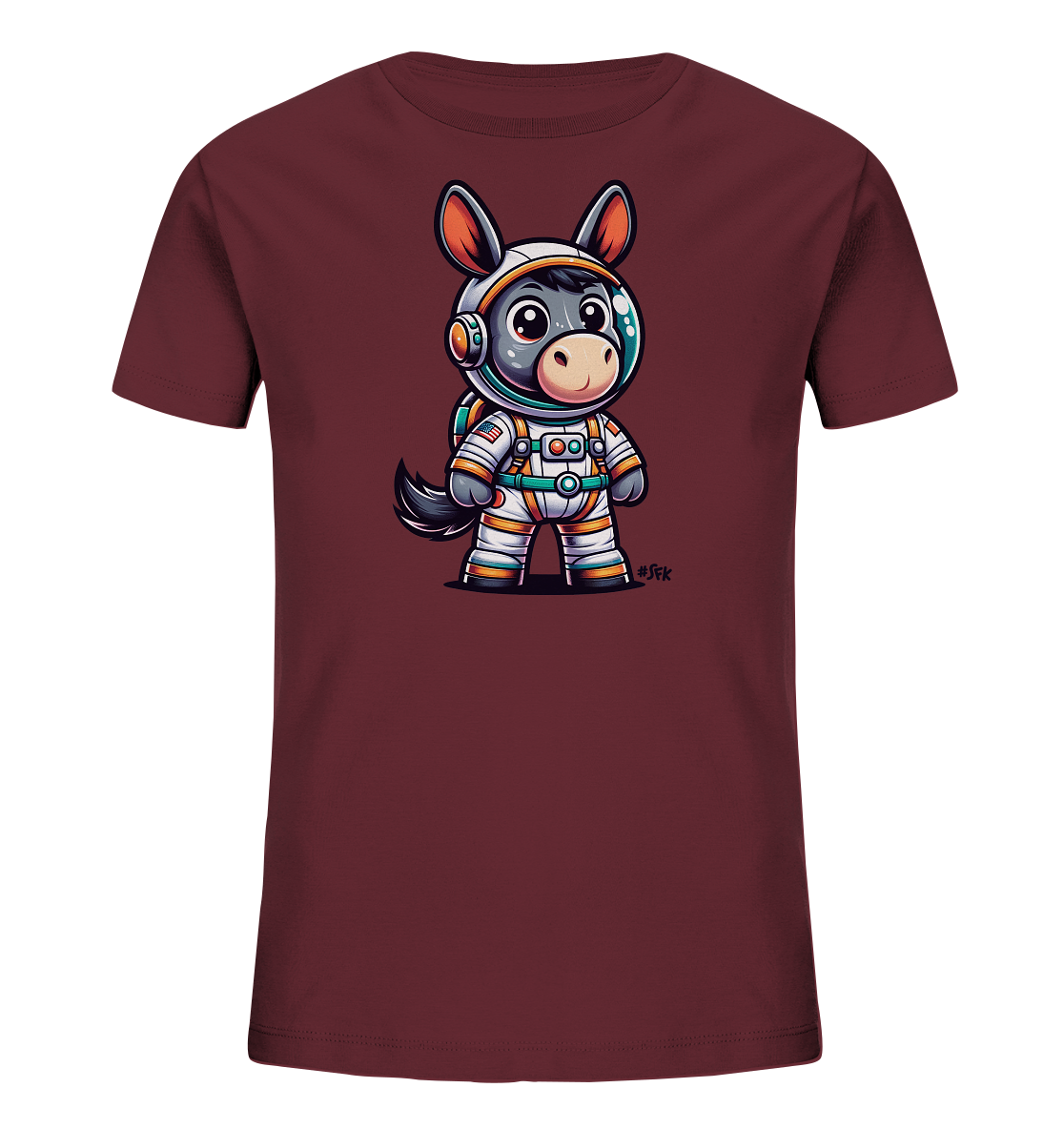 Onlineshop Shirts fuer Kinder - Das Bild zeigt ein dunkelrotes T-Shirt fuer Kinder. Auf der Vorderseite ist eine suesse Cartoon-Illustration eines Esels zu sehen. Der Esel traegt einen detaillierten Astronautenanzug mit Helm und Rucksack. Das farbenfrohe Motiv wirkt freundlich und ist ideal fuer kleine Abenteurer.