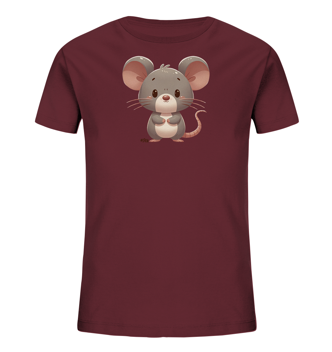 Onlineshop Shirts für Kinder - Das Bild zeigt ein Kindert-Shirt in einem dunklen, weinroten Farbton. Auf der Vorderseite des Shirts ist eine niedliche, cartoonartige Maus abgebildet. Die Maus ist grau mit großen, rosafarbenen Ohren und steht in einer aufrechten Position mit zusammengelegten Pfoten. Sie hat ein freundliches Gesicht mit kleinen Punkten als Augen und dünnen Schnurrhaaren, was dem Design einen süßen und zugänglichen Look verleiht.