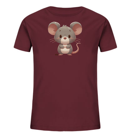 Onlineshop Shirts für Kinder - Das Bild zeigt ein Kindert-Shirt in einem dunklen, weinroten Farbton. Auf der Vorderseite des Shirts ist eine niedliche, cartoonartige Maus abgebildet. Die Maus ist grau mit großen, rosafarbenen Ohren und steht in einer aufrechten Position mit zusammengelegten Pfoten. Sie hat ein freundliches Gesicht mit kleinen Punkten als Augen und dünnen Schnurrhaaren, was dem Design einen süßen und zugänglichen Look verleiht.