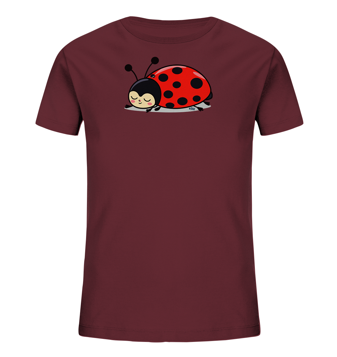 Onlineshop Shirts fuer Kinder - Das Bild zeigt ein dunkelrotes Kinder-T-Shirt mit einem niedlichen Marienkaefer-Motiv auf der Vorderseite. Der Marienkaefer ist rot mit schwarzen Punkten und hat geschlossene Augen, was einen schlafenden oder zufriedenen Ausdruck vermittelt. Er liegt auf einem hellgrauen Untergrund, der als Schatten dient. Das Design wirkt verspielt und liebevoll.