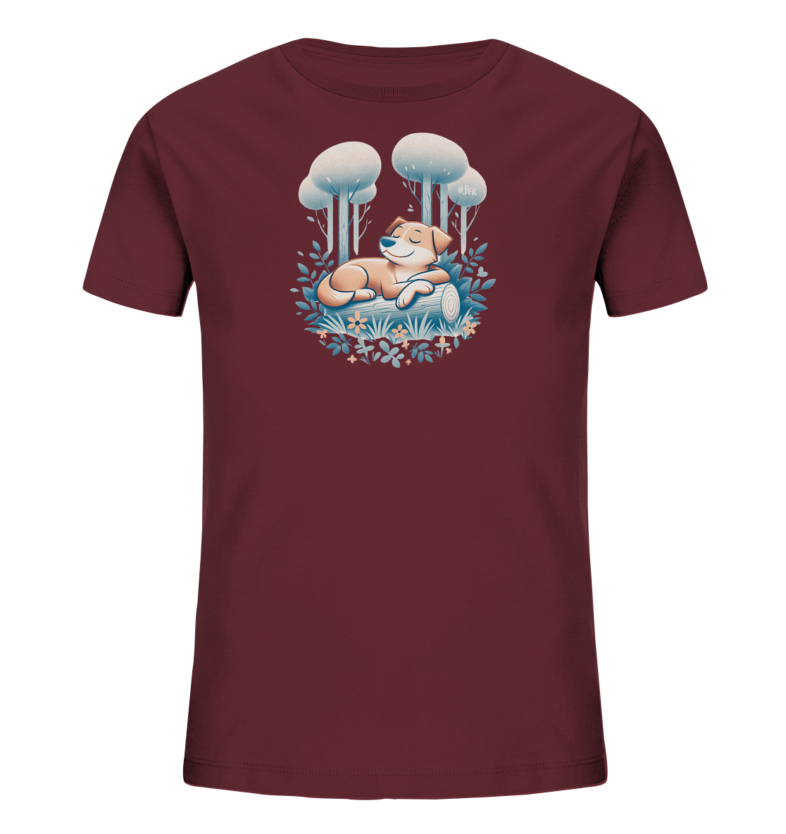 Onlineshop Shirts fuer Kinder - Rotes Kinder T-Shirt mit einem friedlichen Motiv. Ein Hund schlaeft auf einem Baumstamm, umgeben von Naturdetails wie Blaettern und stilisierten Baeumen. Eine ruhige Naturdarstellung fuer Kinder.