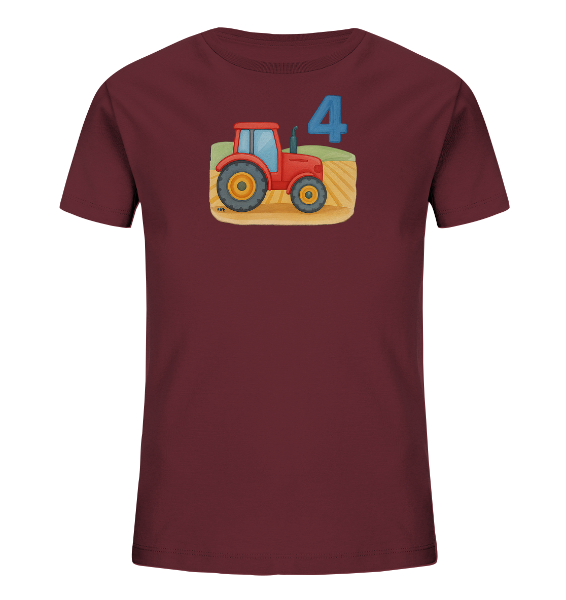 Onlineshop Shirts fuer Kinder - Das Bild zeigt ein dunkelrotes Kinder T-Shirt mit einem farbenfrohen Motiv auf der Vorderseite. Es ist ein roter Traktor zu sehen, der vor einer Landschaft mit Feld und Huegeln platziert ist. Über dem Traktor ist prominent die blaue Zahl "4" abgebildet. Das Design ist verspielt und ideal fuer junge Traktor-Fans.