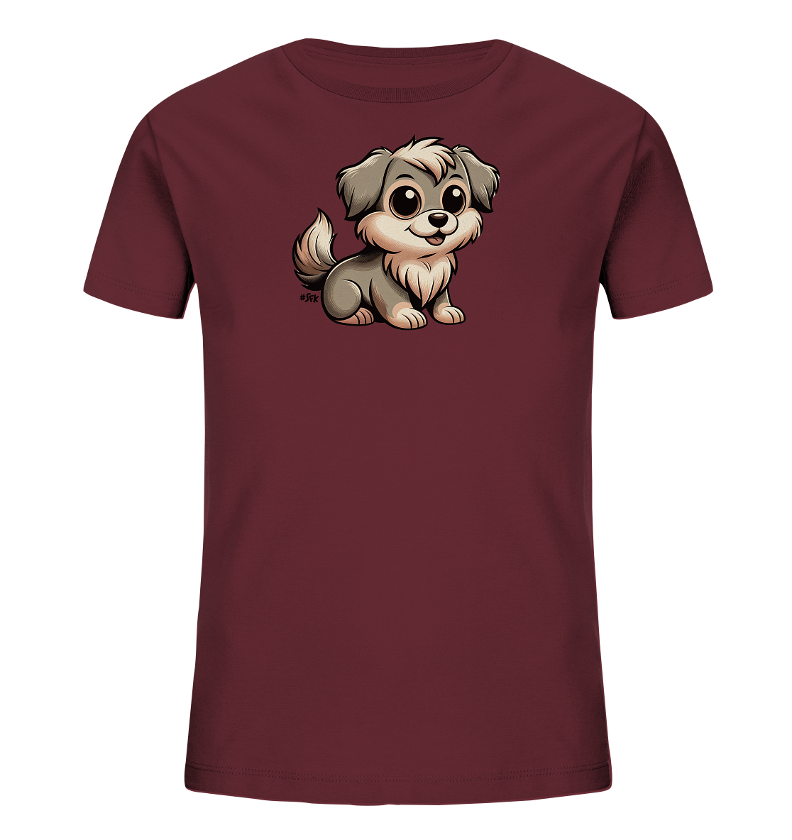 Onlineshop Shirts fuer Kinder - Das Bild zeigt ein dunkelrotes Kinder-T-Shirt mit einer niedlichen Grafik eines kleinen Hundes. Der cartoonhafte Hund sitzt in aufrechter Position, hat grosse Augen und ein freundliches Laecheln. Sein Fell ist in Grautoenen und Beige gehalten, was einen weichen Eindruck vermittelt. Dieses verspielte Design ist ideal fuer tierliebe Kinder.