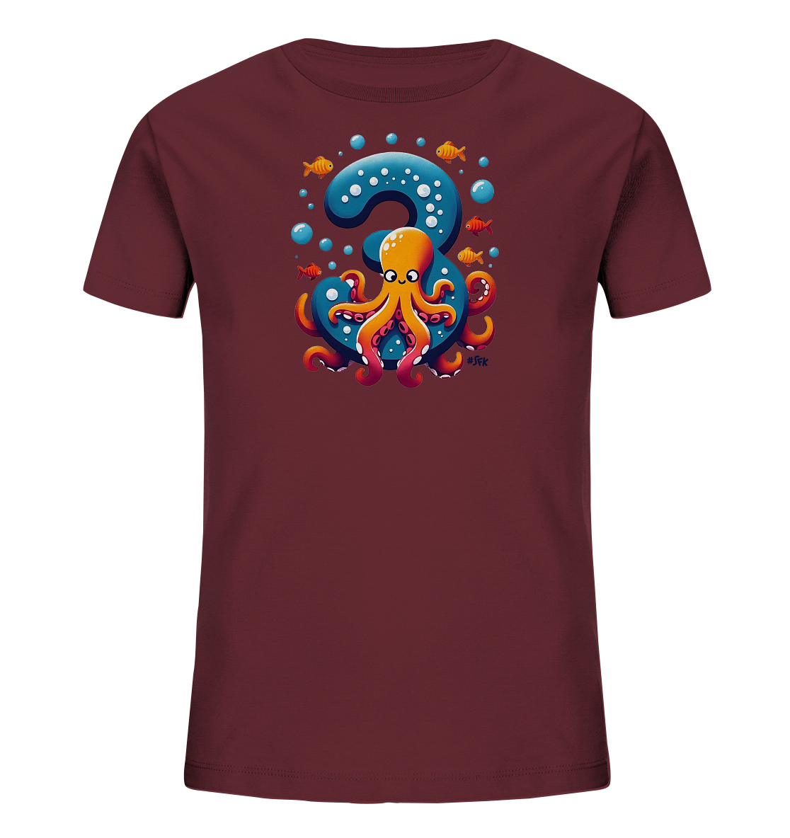 Onlineshop Shirts fuer Kinder - Das Bild zeigt ein dunkelrotes Kinder-T-Shirt. Auf der Vorderseite ist eine grosse, gepunktete Zahl '3' in Blau abgebildet. Eine bunte Krake mit orangefarbenen und pinken Tentakeln schlingt sich um die '3'. Kleine Fische und Blasen umgeben das maritime Motiv.