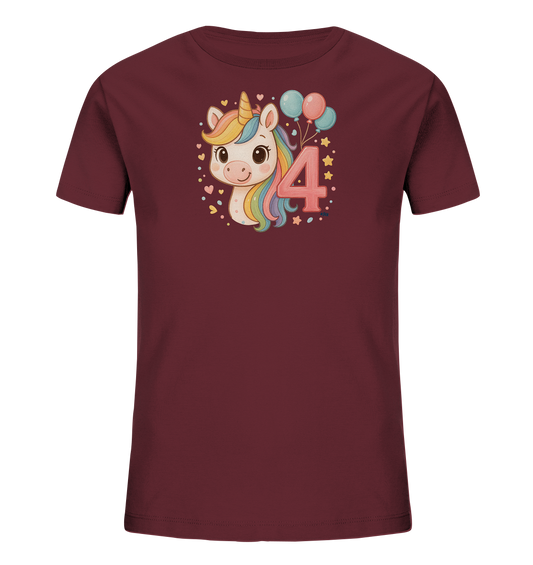 Onlineshop Shirts fuer Kinder - Das Bild zeigt ein dunkelrotes Kinder-T-Shirt. Auf der Vorderseite ist eine niedliche Illustration eines Einhorns mit bunter Maehne und goldenem Horn zu sehen. Daneben steht die Zahl '4' in Rosa, umgeben von kleinen Sternen und Herzen. Blaue und pinke Ballons ergaenzen das verspielte Motiv.