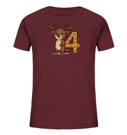 Onlineshop Shirts fuer Kinder - Das Bild zeigt ein weinrotes T-Shirt fuer Kinder. Auf der Vorderseite ist eine suesse Illustration eines Elches oder Rentiers zu sehen. Das Tier steht neben einer grossen Zahl 4, die mit Pfotenabdruecken gefuellt ist.
