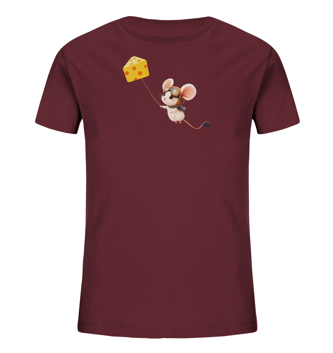 Onlineshop Shirts fuer Kinder - Das Bild zeigt ein dunkelrotes Kinder-T-Shirt mit einem einzigartigen Motiv. Eine niedliche Maus traegt Pilotenbrille und Kappe und haelt einen Kaese, der sie wie ein Ballon schweben laesst. Das Design verleiht dem Shirt einen verspielten und abenteuerlichen Charme. Es ist ideal fuer Kinder, die fantasievolle Illustrationen lieben.