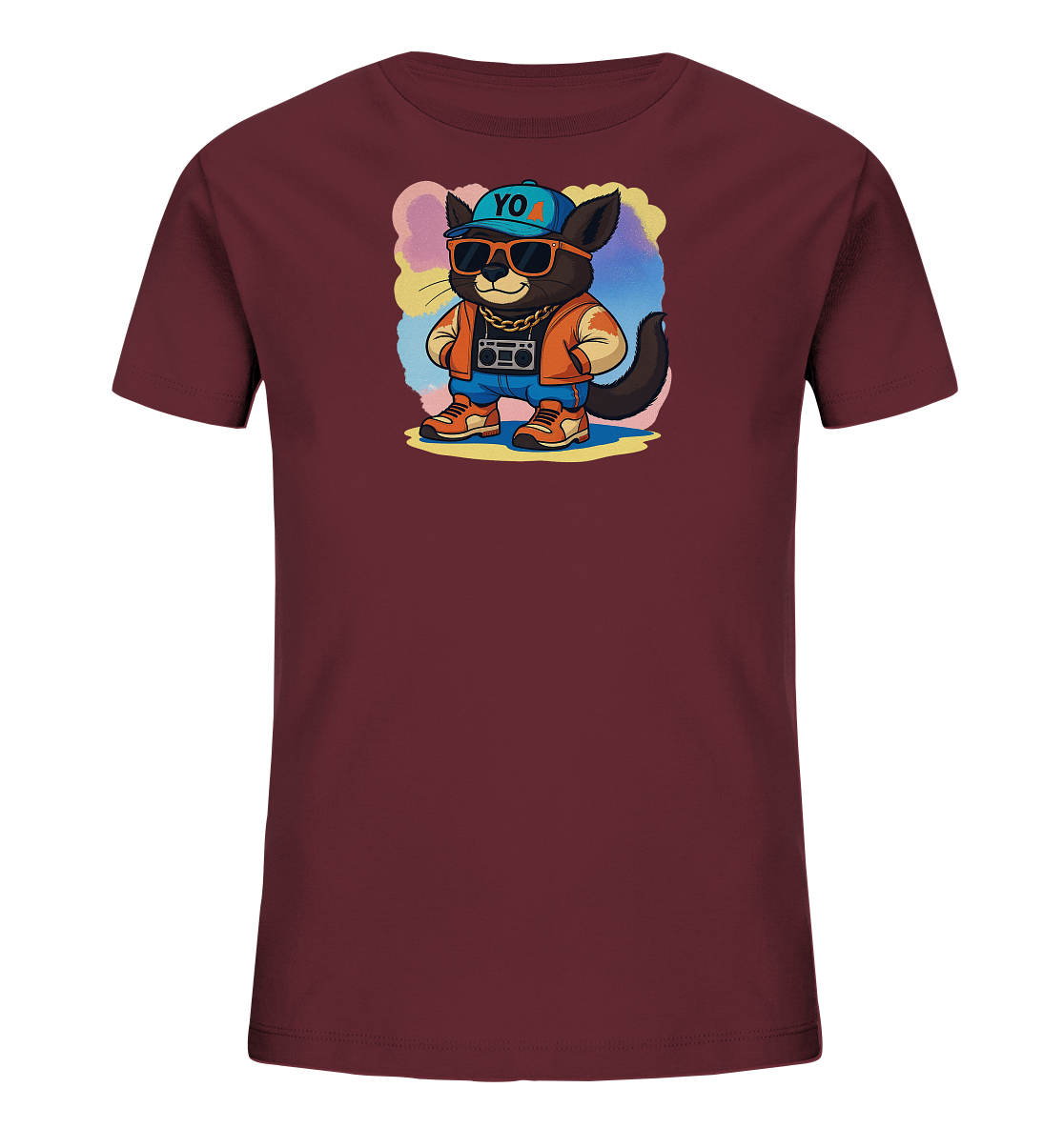 Onlineshop Shirts fuer Kinder - Das Bild zeigt ein bordeauxfarbenes Kinder-T-Shirt mit einem coolen Katzenmotiv auf der Vorderseite. Die Katze traegt eine Muetze, Sonnenbrille, Goldkette, Jeans und eine orangefarbene Jacke. Hinter der Katze befindet sich ein farbenfroher, wolkiger Hintergrund. Das Design wirkt modern und verspielt.