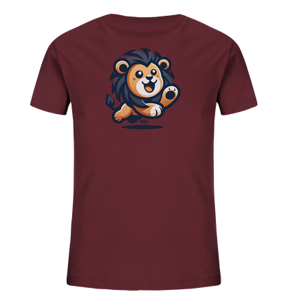 Onlineshop Shirts fuer Kinder - Dieses dunkelrote Kinder-T-Shirt zeigt eine froehliche Illustration eines springenden Loewen. Der Cartoon-Loewe hat eine dunkle Maehne, ein freundliches Laecheln und winkt mit einer Pfote. Das Design ist verspielt und ansprechend, ideal fuer kleine Abenteurer. Das Motiv hebt sich gut vom kraeftigen Stoff ab.