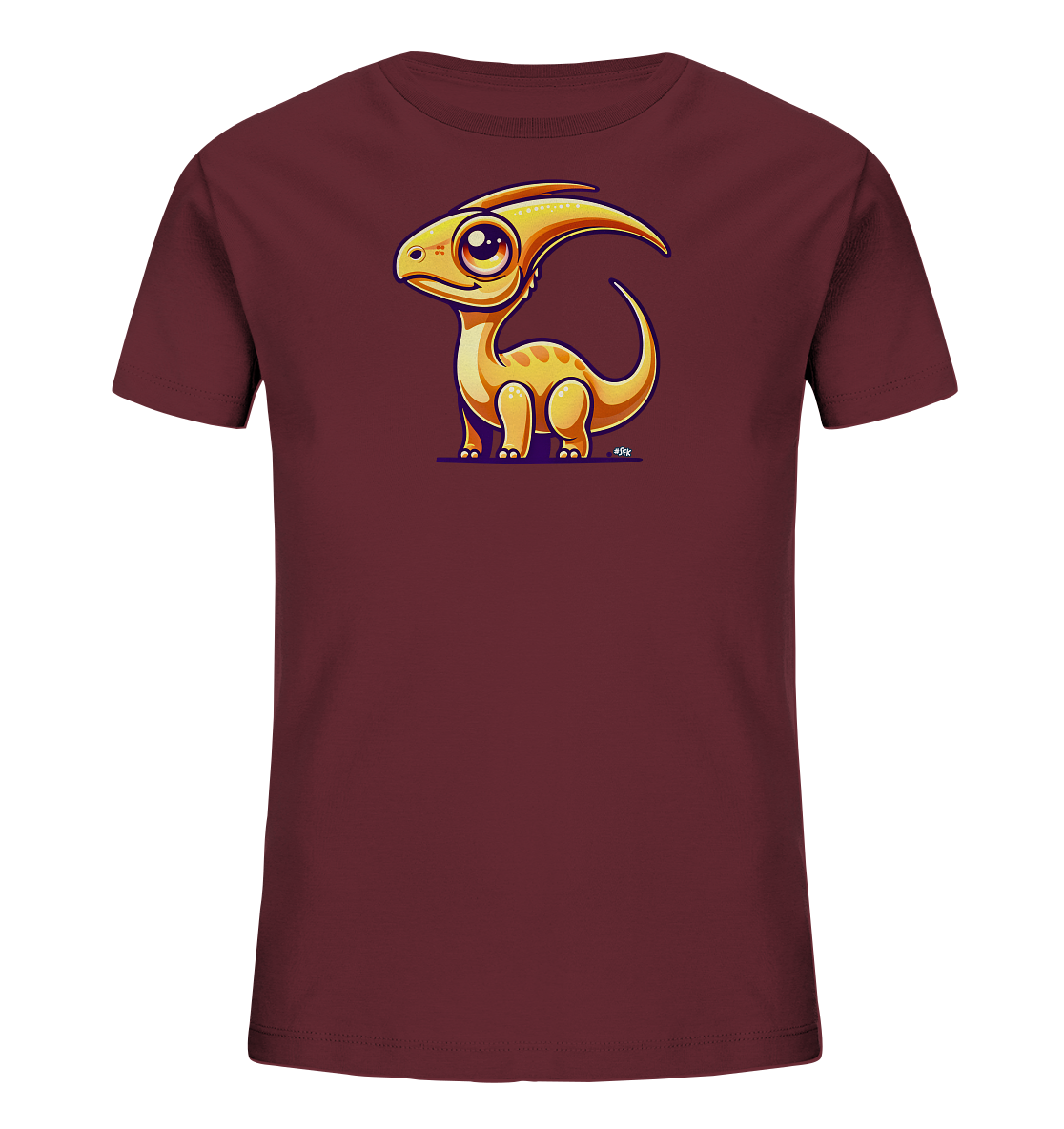 Onlineshop Shirts fuer Kinder - Das Bild zeigt ein bordeauxrotes T-Shirt fuer Kinder mit einer zentralen Illustration eines kleinen, orange-gelben Dinosauriers. Der stilisierte Dinosaurier besitzt grosse Augen, einen markanten Kamm auf dem Kopf und freundliche Punkte am Koerper. Er steht auf vier Beinen und blickt nach links, was dem Motiv einen verspielten Ausdruck verleiht. Das Design ist ansprechend und kindgerecht gestaltet.