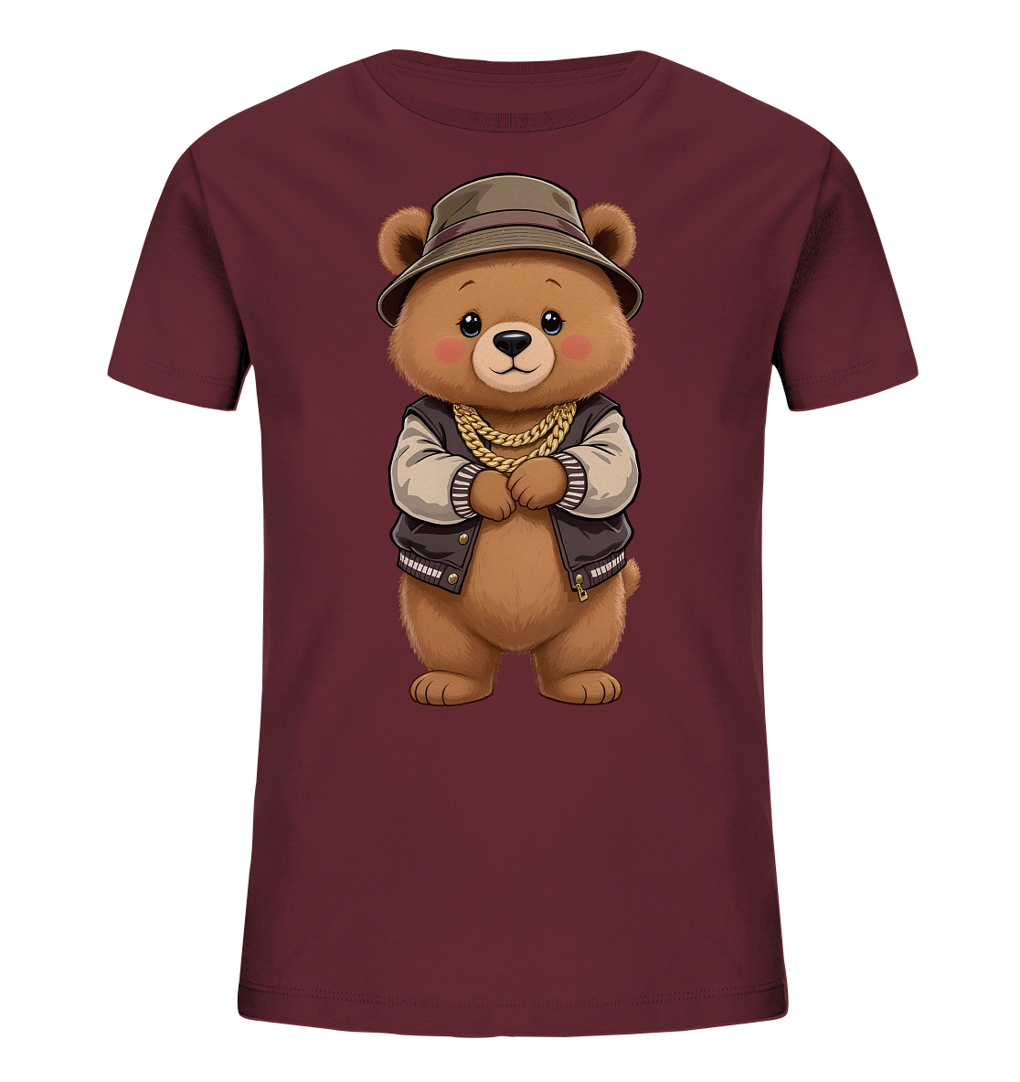 Onlineshop Shirts fuer Kinder - Das Bild zeigt ein dunkelrotes Kinder-T-Shirt mit einem niedlichen Comic-Baerenmotiv. Der Baer traegt einen braunen Hut, eine College-Jacke mit hellen Ärmeln und eine auffaellige goldene Kette. Er hat ein freundliches Gesicht und seine Pfoten sind vor dem Koerper verschraenkt. Das Design verleiht dem Shirt einen verspielten und gleichzeitig coolen Look.