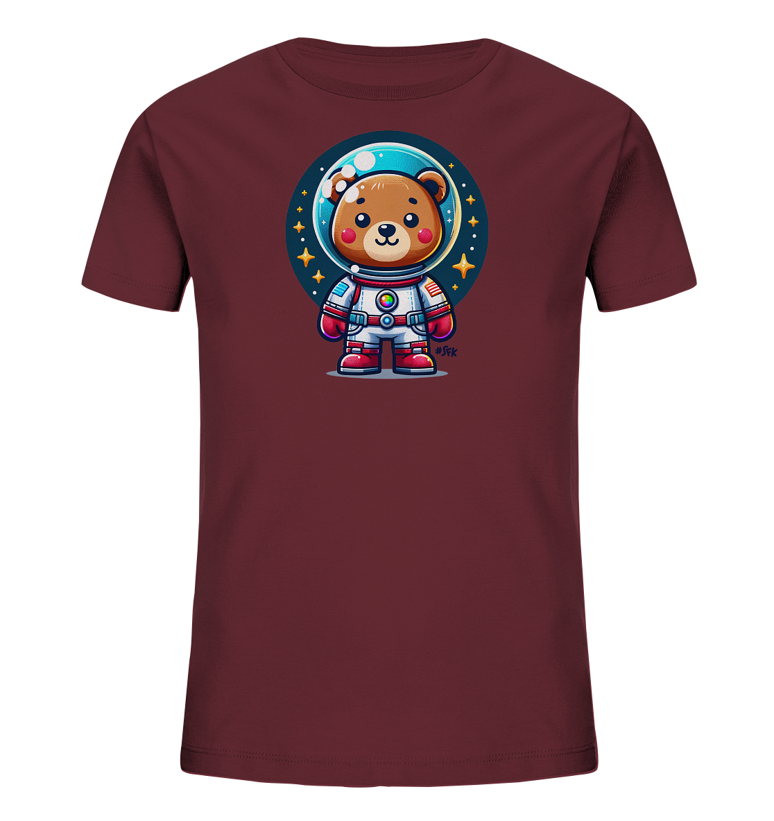 Onlineshop Shirts fuer Kinder - Das Bild zeigt ein dunkelrotes Kinder-T-Shirt. Auf der Vorderseite ist eine Illustration eines niedlichen Baeren in einem Astronautenanzug zu sehen. Der Baer traegt einen weissen Anzug mit roten Details und sitzt in einem runden, dunkelblauen Hintergrund mit Sternen. Er hat ein freundliches Gesicht mit grossen Augen und runden Wangen.