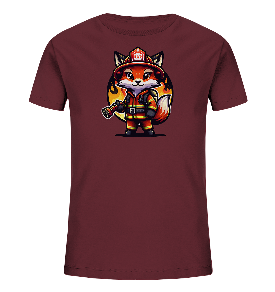 Onlineshop Shirts fuer Kinder - Das Bild zeigt ein dunkelrotes Kinder T-Shirt. Darauf ist eine Illustration eines freundlichen Fuchses in Feuerwehruniform abgebildet. Der Fuchs traegt einen roten Helm, Einsatzkleidung und haelt einen Schlauch. Im Hintergrund ist ein Kreis mit Flammen zu sehen, der das Design abrundet.