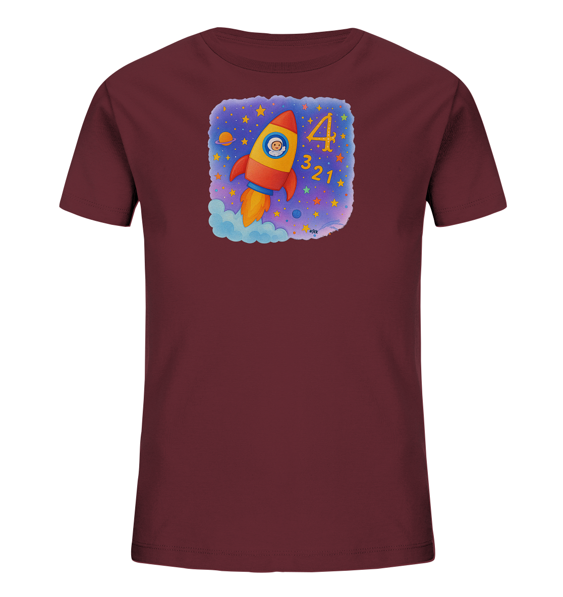 Onlineshop Shirts fuer Kinder - Das Bild zeigt ein dunkelrotes Kinder-T-Shirt mit einem Weltraum-Motiv. Eine rote Rakete mit einem lachenden Gesicht fliegt durch einen sternenuebersaeten Himmel mit Planeten. Daneben sind die Zahlen 4, 3, 2, 1 im Countdown-Stil abgebildet. Das Design ist froehlich und eignet sich gut fuer kleine Weltraum-Fans.