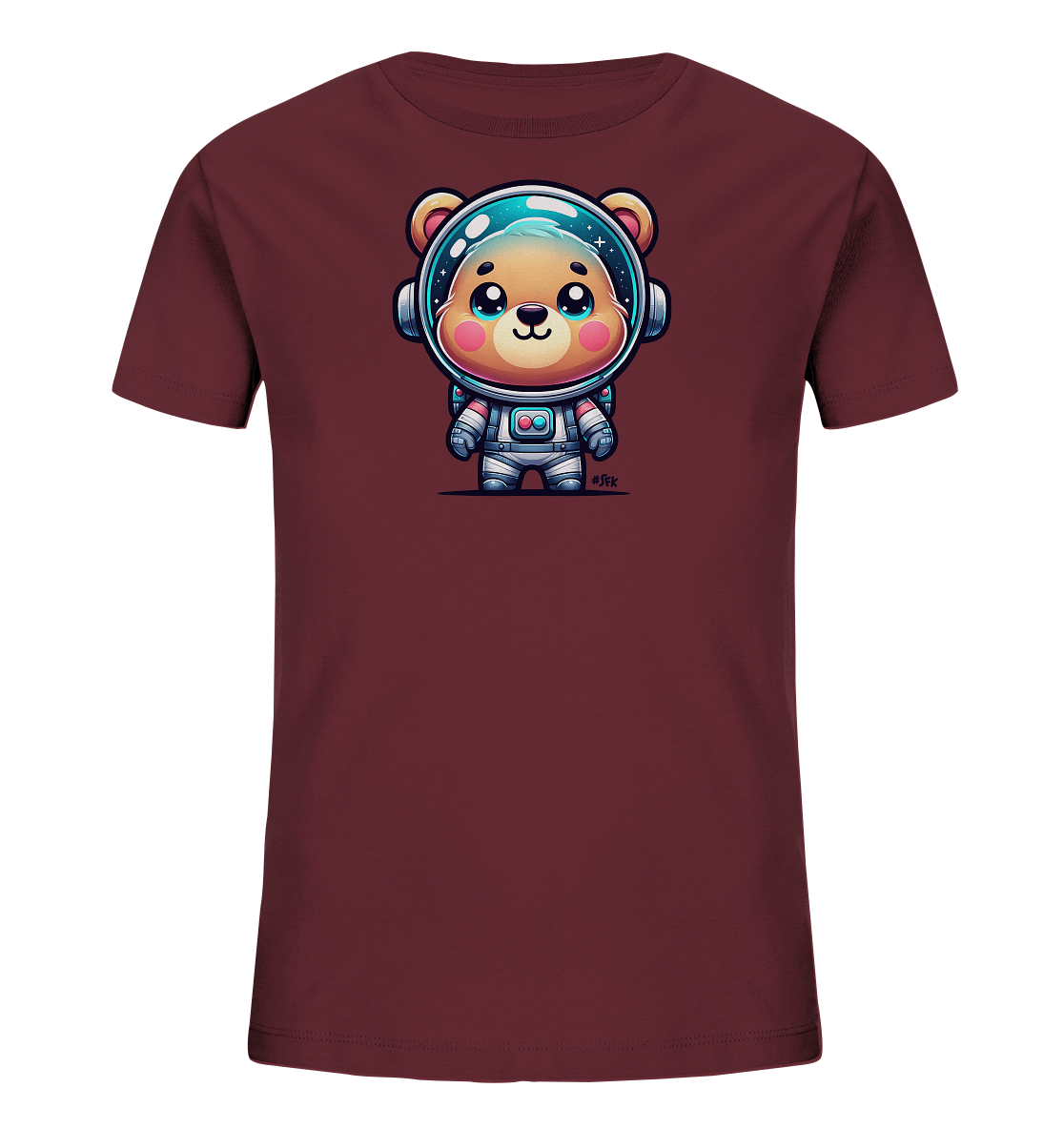 Onlineshop Shirts fuer Kinder - Das Bild zeigt ein bordeauxrotes Kinder-T-Shirt mit einem niedlichen Aufdruck auf der Vorderseite. Abgebildet ist ein kleiner, cartoonhafter Baer, der einen detaillierten Astronautenanzug mit Helm traegt. Der Baer hat grosse, runde Augen und einen freundlichen Ausdruck. Die Illustration ist farbenfroh und detailreich gestaltet, perfekt fuer kleine Weltraum-Fans.