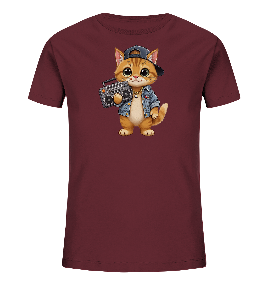 Onlineshop Shirts fuer Kinder - Das Bild zeigt ein dunkelrotes Kinder-T-Shirt mit einer niedlichen, cartoonhaften Katze auf der Vorderseite. Die Katze traegt eine blaue Baseballkappe und eine Jeansjacke, waehrend sie einen grauen Boombox haelt. Das Design verleiht dem Shirt einen coolen und verspielten Look. Die Katze hat grosse Augen und einen freundlichen Ausdruck.
