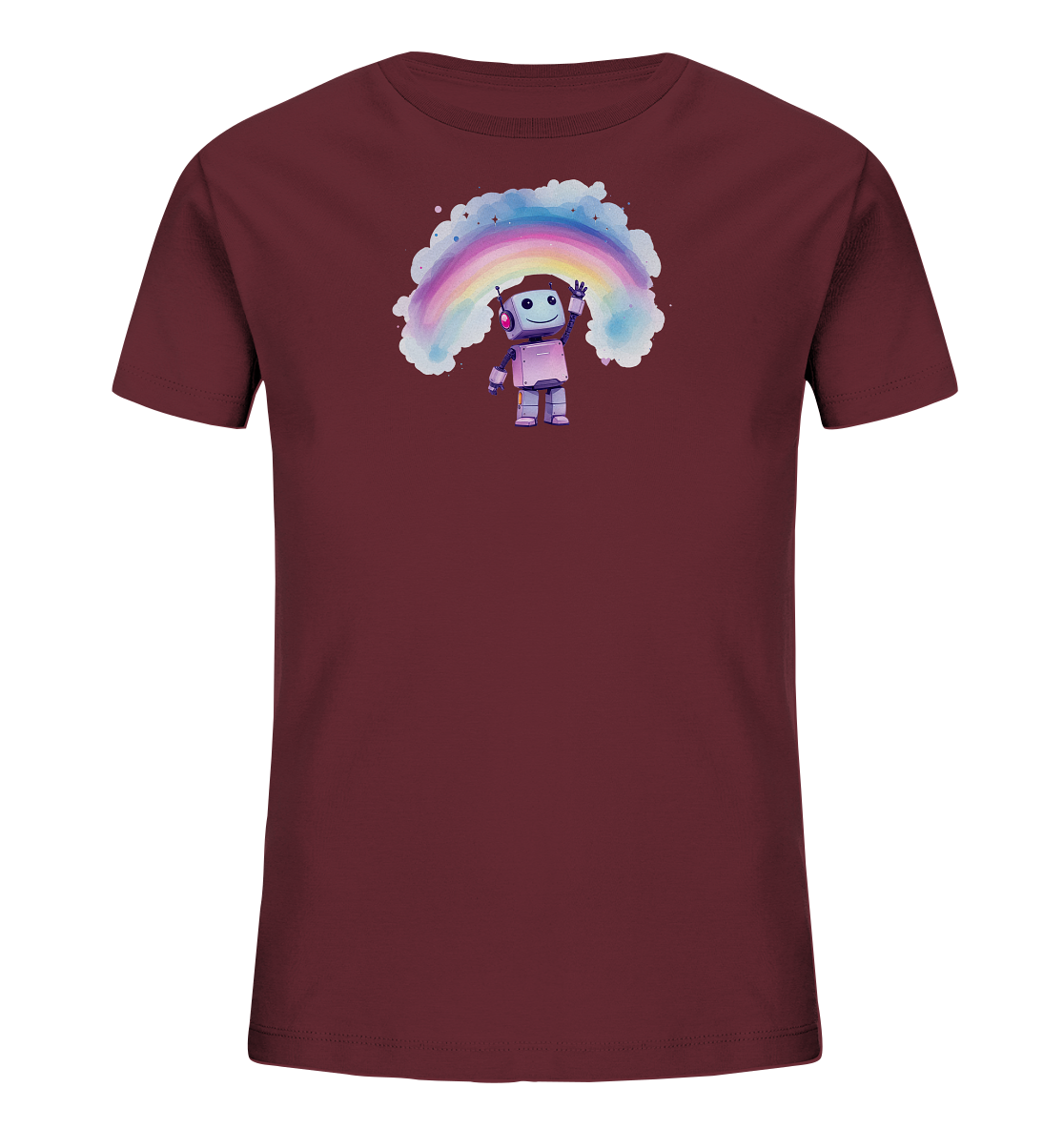 Onlineshop Shirts für Kinder - Das Bild zeigt ein Kinder-T-Shirt in einem dunkelroten Farbton. Auf der Vorderseite des Shirts ist eine Illustration eines kleinen, freundlichen Roboters zu sehen, der mit der rechten Hand winkt. Hinter dem Roboter spannt sich ein bunter Regenbogen auf, der von hellen, wolkigen Elementen umgeben ist. Der Roboter trägt zudem lila Kopfhörer, was dem Design eine zusätzliche, spielerische Note verleiht.