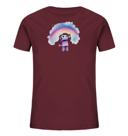 Onlineshop Shirts für Kinder - Das Bild zeigt ein Kinder-T-Shirt in einem dunkelroten Farbton. Auf der Vorderseite des Shirts ist eine Illustration eines kleinen, freundlichen Roboters zu sehen, der mit der rechten Hand winkt. Hinter dem Roboter spannt sich ein bunter Regenbogen auf, der von hellen, wolkigen Elementen umgeben ist. Der Roboter trägt zudem lila Kopfhörer, was dem Design eine zusätzliche, spielerische Note verleiht.