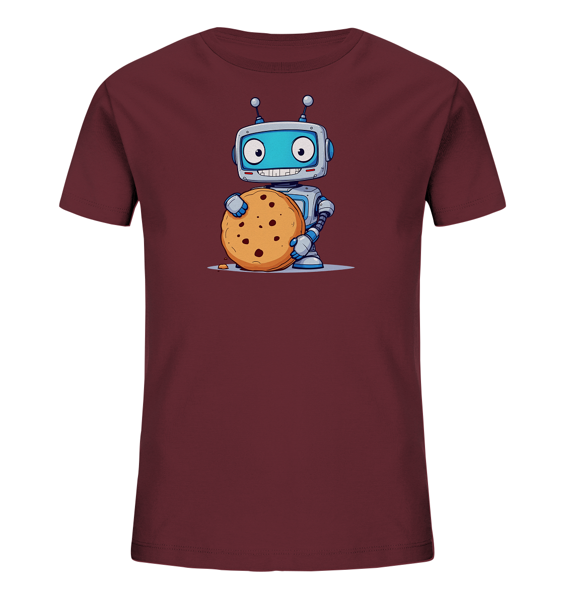 Onlineshop Shirts für Kinder - Das Bild zeigt ein Kinder-T-Shirt in einem tiefen Weinrot. Auf der Vorderseite ist eine bunte Illustration eines freundlichen Roboters abgebildet, der einen großen Keks in den Händen hält. Der Roboter ist in Blau- und Grautönen gestaltet und hat große, ausdrucksstarke Augen sowie ein Lächeln. Am Boden neben dem Roboter ist ein kleiner Keks-Krümel zu sehen, was das Motiv detailreich ergänzt.