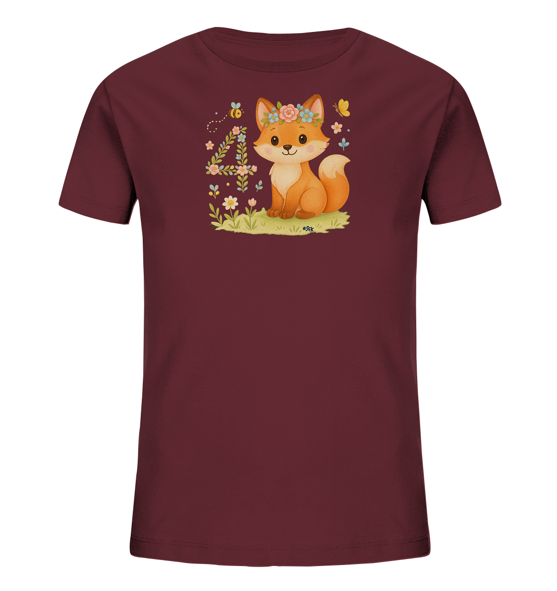 Onlineshop Shirts fuer Kinder - Das Bild zeigt ein dunkelrotes (burgunderrotes) Kinder-T-Shirt mit einem suessen Grafikdruck auf der Vorderseite. Der Druck zeigt einen cartoonhaften Fuchs mit Blumenkranz, der auf einer Wiese sitzt. Links neben dem Fuchs ist die Zahl '4' aus floralen Elementen geformt. Eine Biene und ein Schmetterling ergaenzen das froehliche Motiv.
