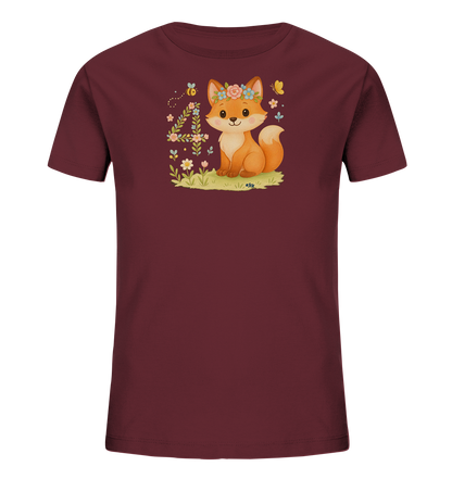 Onlineshop Shirts fuer Kinder - Das Bild zeigt ein dunkelrotes (burgunderrotes) Kinder-T-Shirt mit einem suessen Grafikdruck auf der Vorderseite. Der Druck zeigt einen cartoonhaften Fuchs mit Blumenkranz, der auf einer Wiese sitzt. Links neben dem Fuchs ist die Zahl '4' aus floralen Elementen geformt. Eine Biene und ein Schmetterling ergaenzen das froehliche Motiv.
