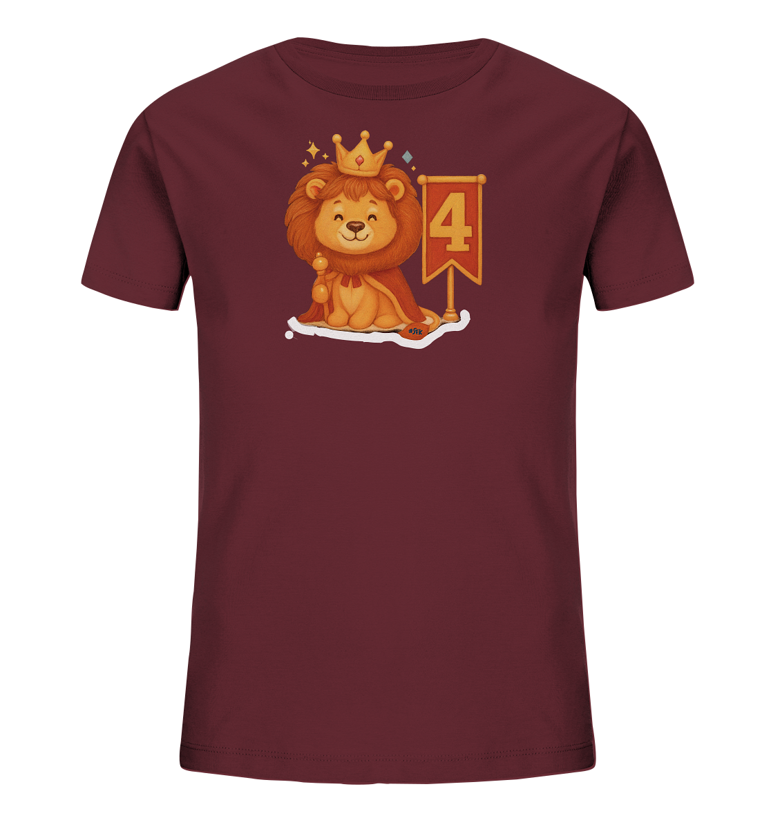Onlineshop Shirts fuer Kinder - Das dunkelrote T-Shirt praesentiert eine niedliche Illustration eines Loewenkoenigs. Der Loewe traegt eine Krone, einen roten Umhang und haelt ein Zepter. Neben ihm ist ein roter Banner mit der goldenen Zahl 4 abgebildet. Das Design ist froehlich und verspielt.
