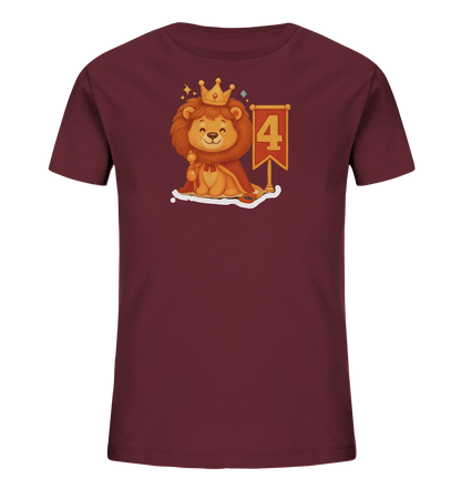 Kinder T-Shirt mit Löwenkönig, Krone, rotem Umhang und Zahl 4