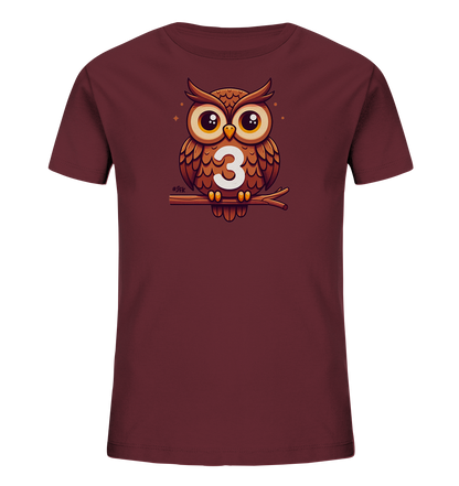 Kinder T-Shirt mit Cartoon-Eule auf Ast, großen Augen und Zahl 3