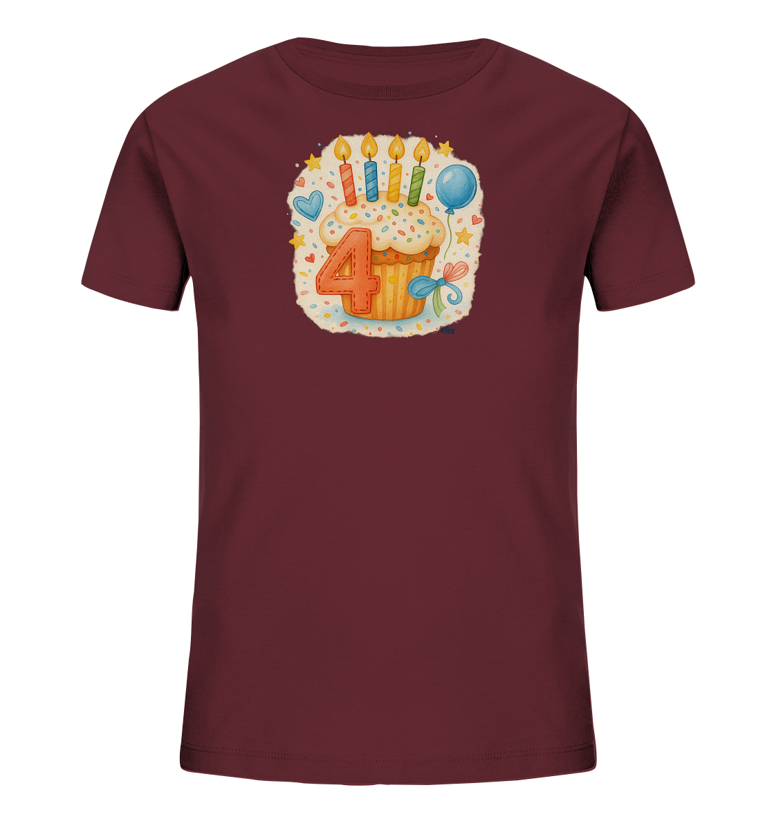 Onlineshop Shirts fuer Kinder - Das Bild zeigt ein bordeauxrotes T-Shirt mit einem froehlichen Geburtstagsmotiv. Im Zentrum des Designs steht ein Cupcake mit Streuseln, brennenden Kerzen und einer grossen roten Zahl '4'. Um den Cupcake herum sind festliche Elemente wie ein blauer Ballon, ein Herz und Sterne angeordnet. Das gesamte Motiv strahlt eine heitere und feierliche Stimmung aus.