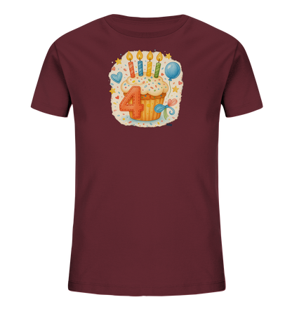 Onlineshop Shirts fuer Kinder - Das Bild zeigt ein bordeauxrotes T-Shirt mit einem froehlichen Geburtstagsmotiv. Im Zentrum des Designs steht ein Cupcake mit Streuseln, brennenden Kerzen und einer grossen roten Zahl '4'. Um den Cupcake herum sind festliche Elemente wie ein blauer Ballon, ein Herz und Sterne angeordnet. Das gesamte Motiv strahlt eine heitere und feierliche Stimmung aus.