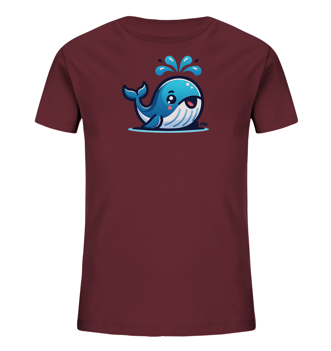 Onlineshop Shirts fuer Kinder - Das Bild zeigt ein Kinder-T-Shirt in einem tiefen Rotton. Auf der Vorderseite ist eine niedliche, cartoonartige Illustration eines blauen Wals abgebildet. Der Wal spritzt Wasser aus seinem Blasloch und hat ein freundliches, laechelndes Gesicht. Das Design ist verspielt und ansprechend gestaltet.
