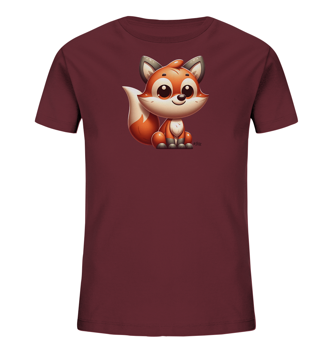 Onlineshop Shirts fuer Kinder - Das Bild zeigt ein bordeauxrotes Kinder-T-Shirt. Auf der Vorderseite ist eine niedliche Cartoon-Illustration eines Fuchses abgebildet. Der Fuchs sitzt und hat grosse Augen sowie einen buschigen Schwanz. Das Design wirkt kindgerecht und freundlich.
