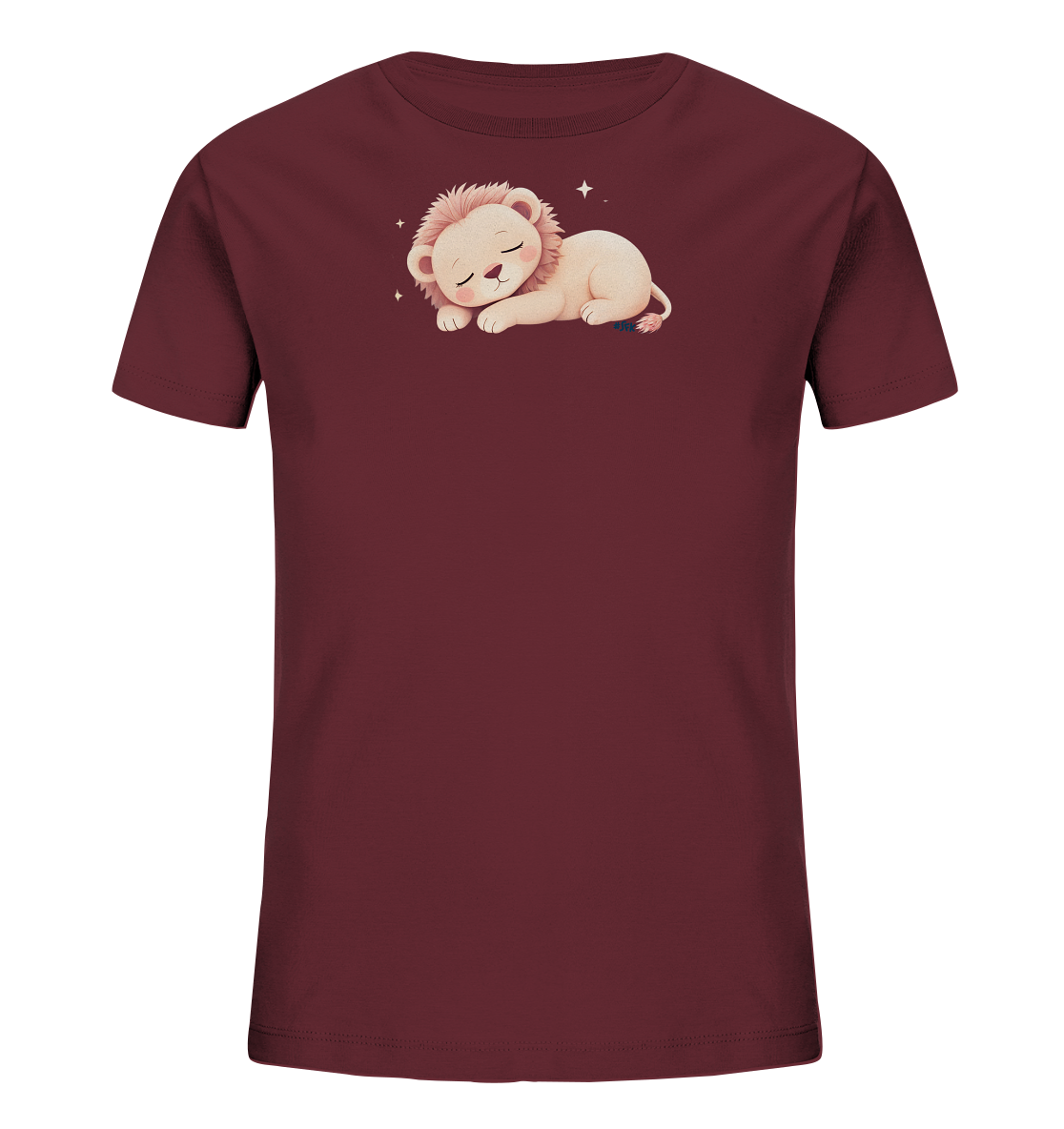 Onlineshop Shirts fuer Kinder - Das Bild zeigt ein bordeauxrotes T-Shirt fuer Kinder. Auf der Vorderseite ist eine niedliche Illustration eines schlafenden Loewenbabys zu sehen. Das Loewenbaby ist hellbeige mit rosa Maehne und geschlossenen Augen. Kleine funkelnde Sterne umgeben das Motiv und verleihen dem Design eine traeumerische Note.