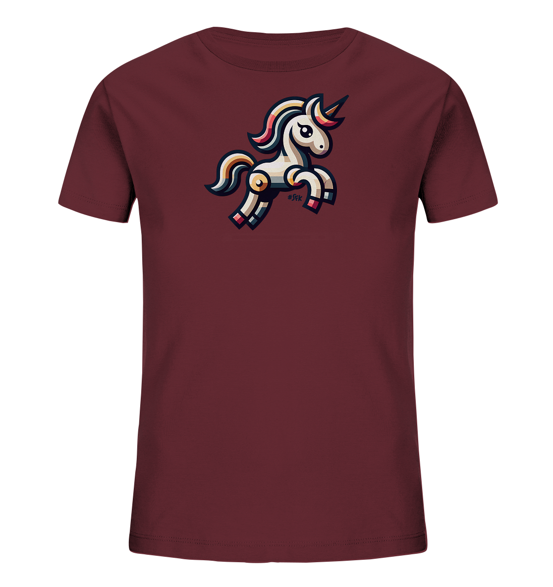 Onlineshop Shirts fuer Kinder - Das Bild zeigt ein Kinder-T-Shirt in einem dunkelroten Farbton. Auf der Vorderseite ist ein suesses, cartoonartiges Einhorn mit bunter Maehne und Schweif abgebildet. Das Einhorn scheint froehlich zu springen und ist in einem modernen, geometrischen Stil gestaltet. Dieses Design verleiht dem Shirt einen verspielten Charakter.