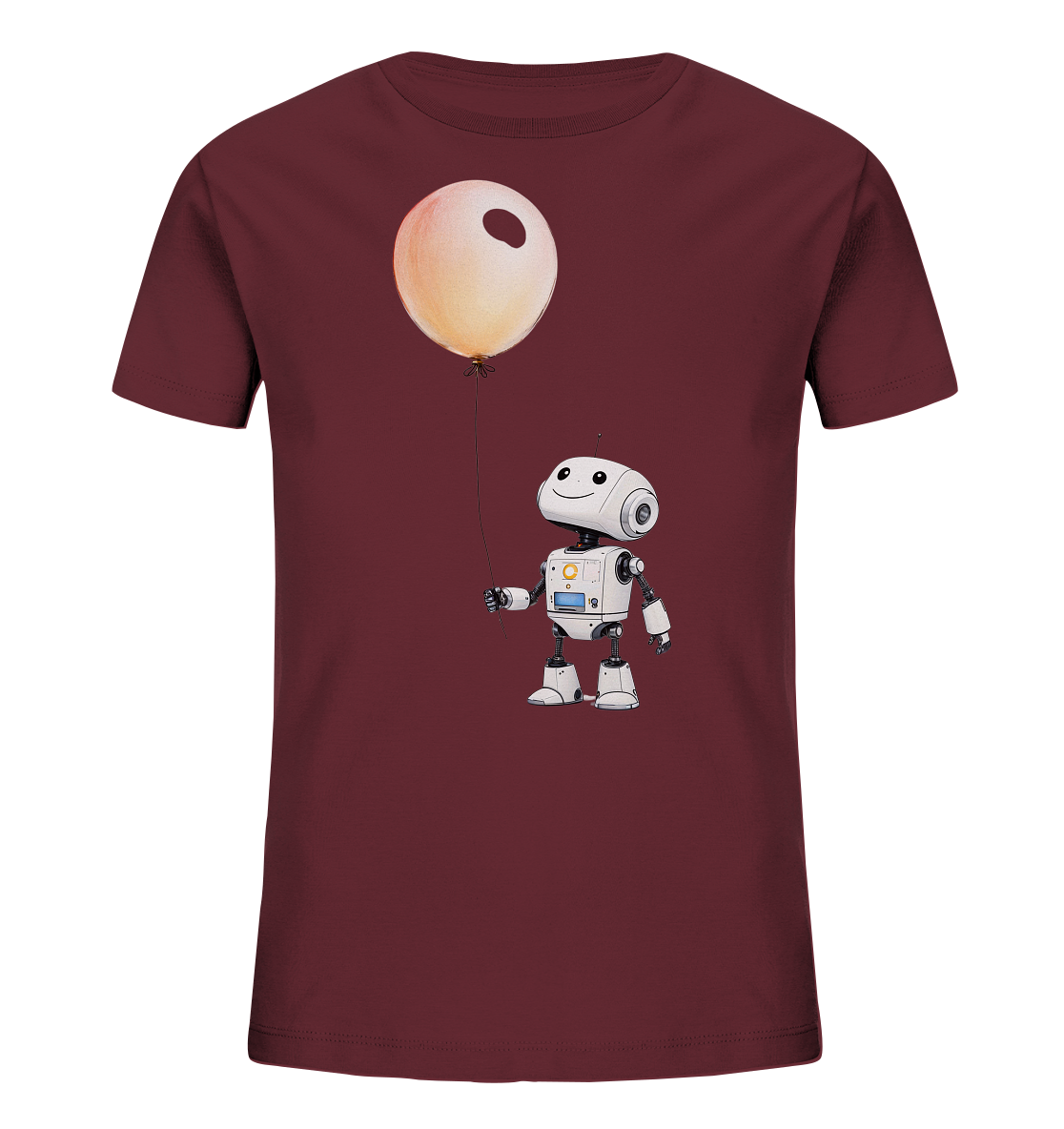 Onlineshop Shirts für Kinder - Das Bild zeigt ein dunkelrotes T-Shirt für Kinder, auf dem eine niedliche Grafik abgebildet ist. Zu sehen ist ein kleiner, weißer Roboter mit einem freundlichen Lächeln und großen Augen. Der Roboter hält mit einer Hand die Schnur eines großen, runden Ballons in einem hellen Orange- oder Gelbton. Dieses Design verleiht dem Shirt einen verspielten und fantasievollen Look, ideal für kleine Entdecker.